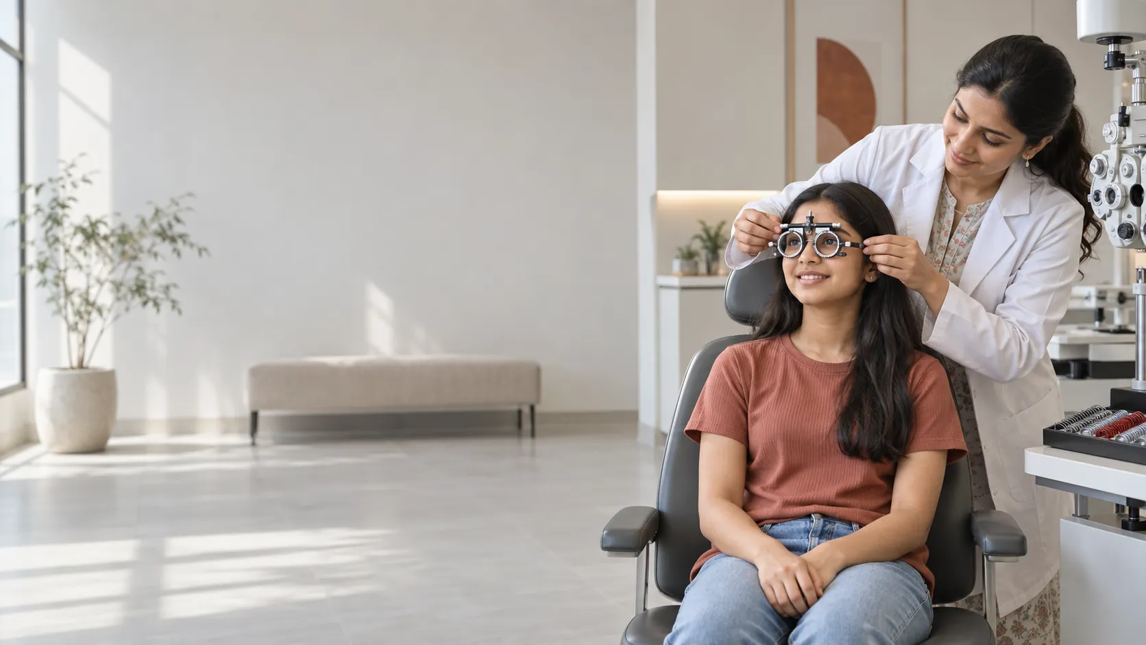 An optometrist fitting a trial frame for a young patient